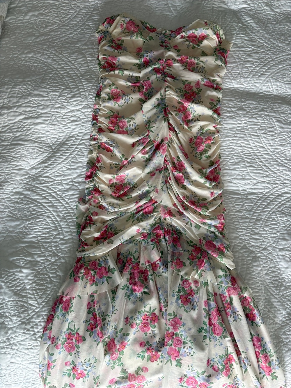 Strapless Cream Floral Ruched Maxi Dress